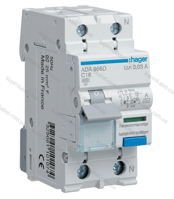 HAGER диференційний автомат 1P+N 16А 30mA Тип A ADА966D