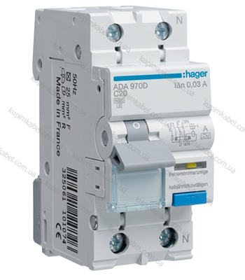 HAGER диференційний автомат 1P+N 20А 30mA Тип A ADC970D