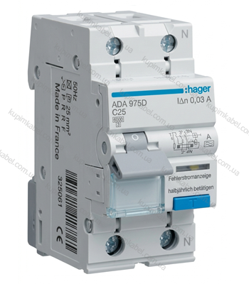 HAGER диференційний автомат 1P+N 25А 30mA Тип A ADC975D